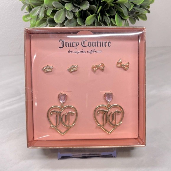 NEW‎ Juicy Couture Heart Hoop Gold Pink Heart Earrings Set Crown Bow Studs - Picture 1 of 3